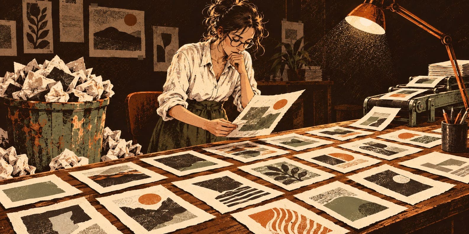 An editor compares rough paper prototypes on a long table beside a feeder of new ones and an overflowing reject bin