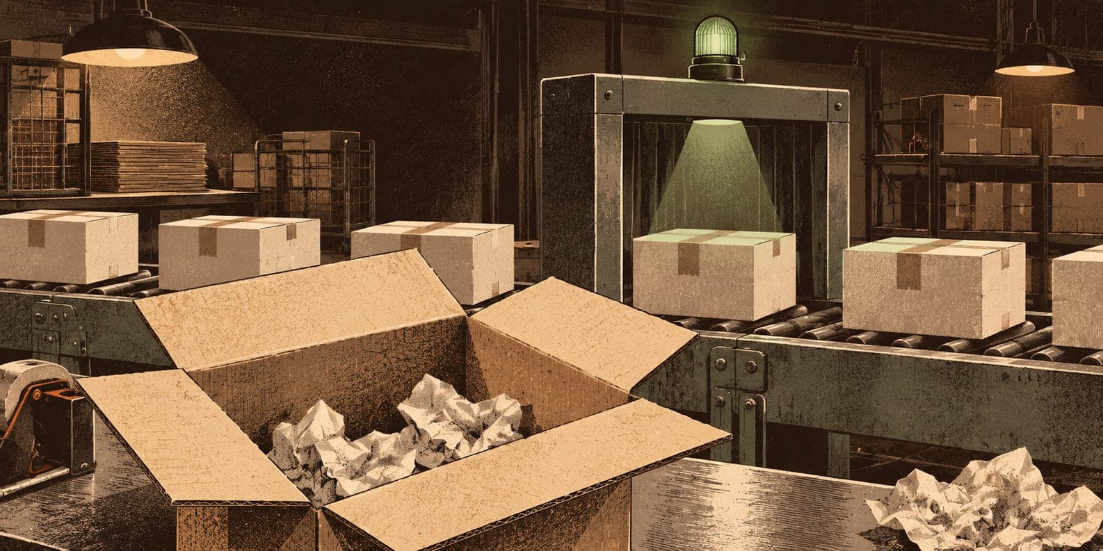 An inspection station approves sealed boxes on a conveyor while one opened box holds nothing but packing paper