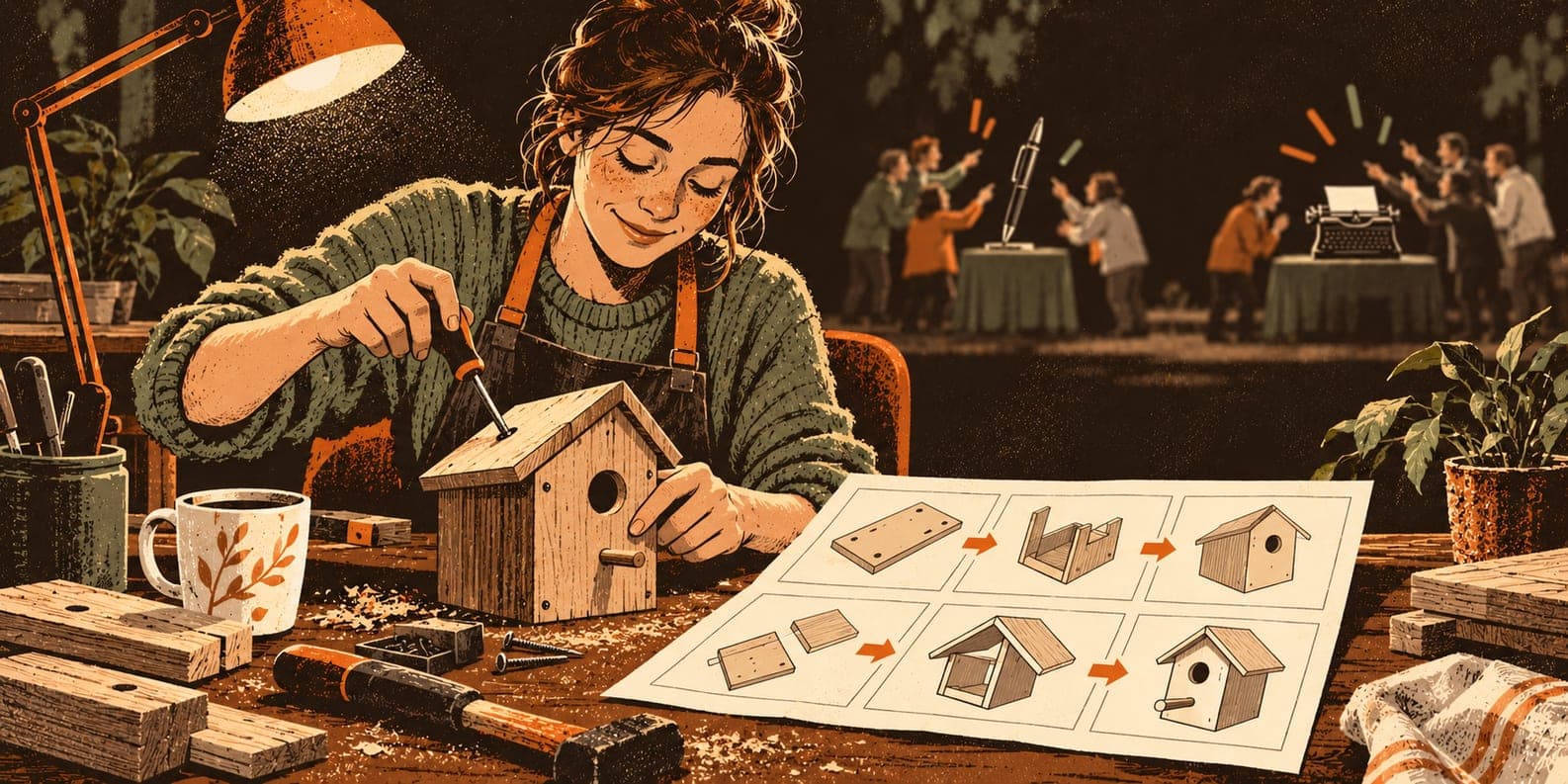 A reader calmly builds a birdhouse from a clear instruction sheet while two distant groups argue over a pen and a typewriter