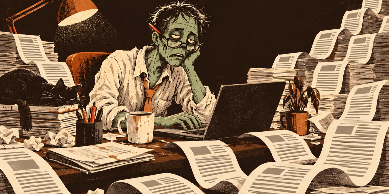 A weary zombie writer typing at a desk buried under stacks of identical articles